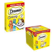 Dreamies Creamy Snacks + Dreamies Mixbox - 15 % zľava - Creamy Snacks kuracie a losos (12 x 10 g) + Mixbox (s kuracím, syrom a lososom) 12 x 60 g