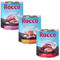 Miešané balenie na skúšku Rocco 6 x 800 g - Junior: morčacie/teľacie srdiečka/ryža, hydinaové/kuracie srdiečka/ryža, hovädzie/hydinové