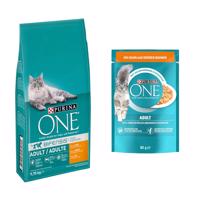 PURINA ONE granuly, 9,75 kg + Purina ONE kapsičky 13 x 85 g zdarma - Adult kuracie a celozrnné obilniny (9,75 kg) + s kuracím mäsom a zelenými fazuľkami (13 x 85 g)