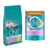 PURINA ONE granuly, 9,75 kg + Purina ONE kapsičky 13 x 85 g zdarma - Indoor Formula (9,75 g) + Sensitive s kuracím mäsom a mrkvou (13 x 85 g)