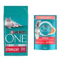 PURINA ONE granuly, 9,75 kg + Purina ONE kapsičky 13 x 85 g zdarma - Sterilcat hovädzie (9,75 g) + s lososom a mrkvou (13 x 85 g)