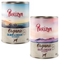 Purizon Organic 6 x 400 g - mix II: 3 x kačacie a kuracie, 3 x losos a kuracie