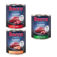 Rocco Classic balenie na skúšku 6 x 800 g - exkluzívny mix: hovädzie, hovädzie/losos, hovädzie/kačacie