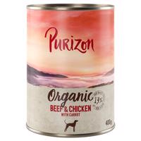 Výhodné balenie Purizon Organic 12 x 400 g - hovädzie a kuracie s mrkvou