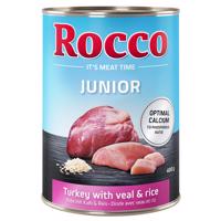 Výhodné balenie Rocco Junior 12 x 400 g - morčacie s teľacími srdciami a ryžou