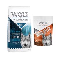 Wolf of Wilderness granule 12 kg + snack 180g zadarmo! - Adult "Soft - Blue River" - losos + Wide Acres Chicken 180g