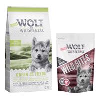 Wolf of Wilderness granule 12 kg + snack 180g zadarmo! - Junior Green Fields jahňacie - bez obilnín + Leafy Willows - Teľacie & kuracie 180g