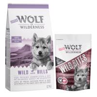 Wolf of Wilderness granule 12 kg + snack 180g zadarmo! - Junior Wild Hills kačacie +  Leafy Willows - Teľacie & kuracie 180g